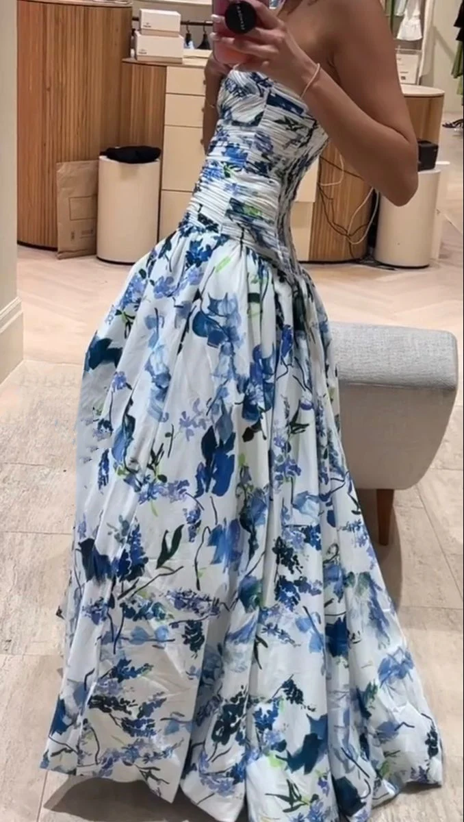 Elegant Wedding Guest Outfit Ball Gown Blue Floral Formal Night Dresses Summer Wedding Guest Dresses Graduation Dresses DP764 - Deanwangkt