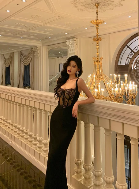 Elegant Mermaid Spaghetti Straps Black Lace Sleeveless 18th Birthday Dress Party Gown Birthday Outfits Birthday Dress Ideas For Women DP568 - Deanwangkt