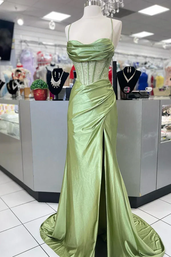 Elegant Hot Mermaid Spaghetti Straps Green Long Prom Dress with Cross Back Prom Dresses DP267 - Deanwangkt