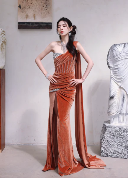 Gorgeous One-shoulder Sheath Velvet Long Prom Dresses, Orange Formal Evening Gowns with Slit DP3154 - Deanwangkt