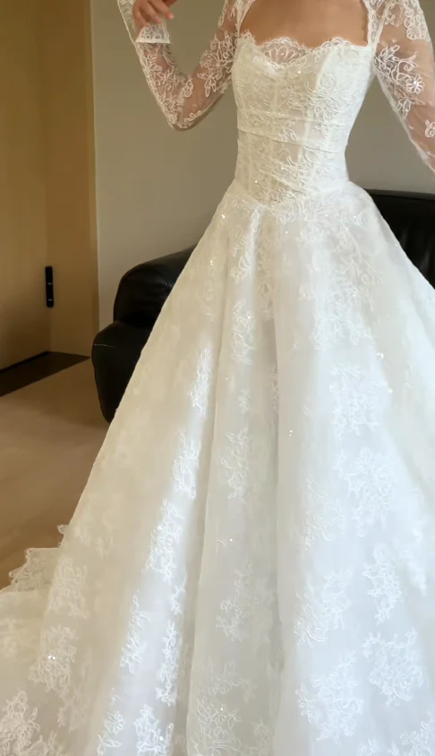 Simple A-Line Wedding Dresses with Appliques White Lace Bridal Gowns Long Sleeve Bridal Dresses DP3286 - Deanwangkt