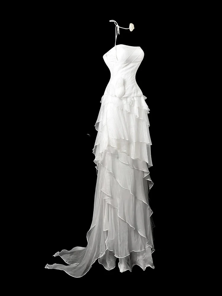 Elegant Strapless Sheath Long Prom Dresses, Chiffon White Evening Gowns DP3219 - Deanwangkt