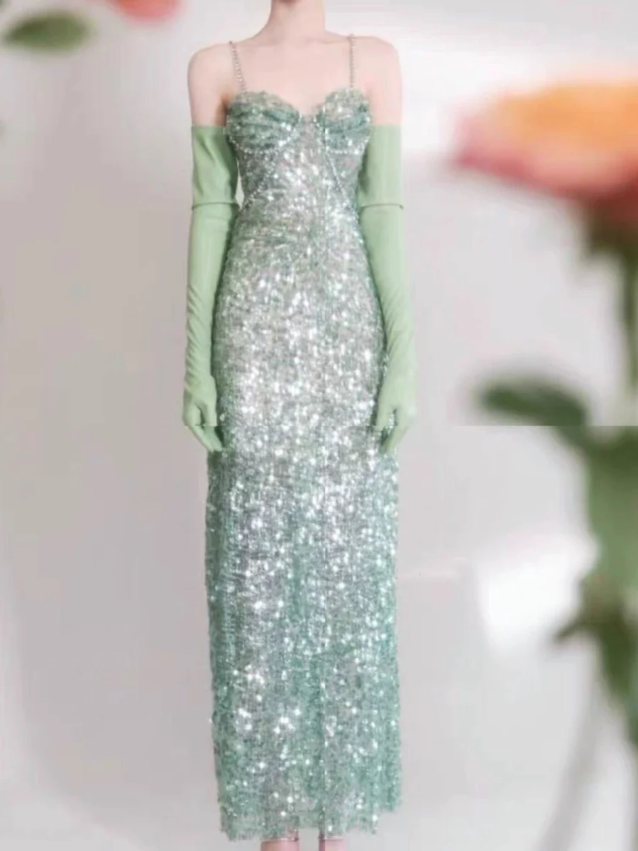 Elegant Sheath Spaghetti Straps Sequin Green Sleeveless Long Evening Party Gowns Evening Formal Dresses Prom Dress W980 - Deanwangkt