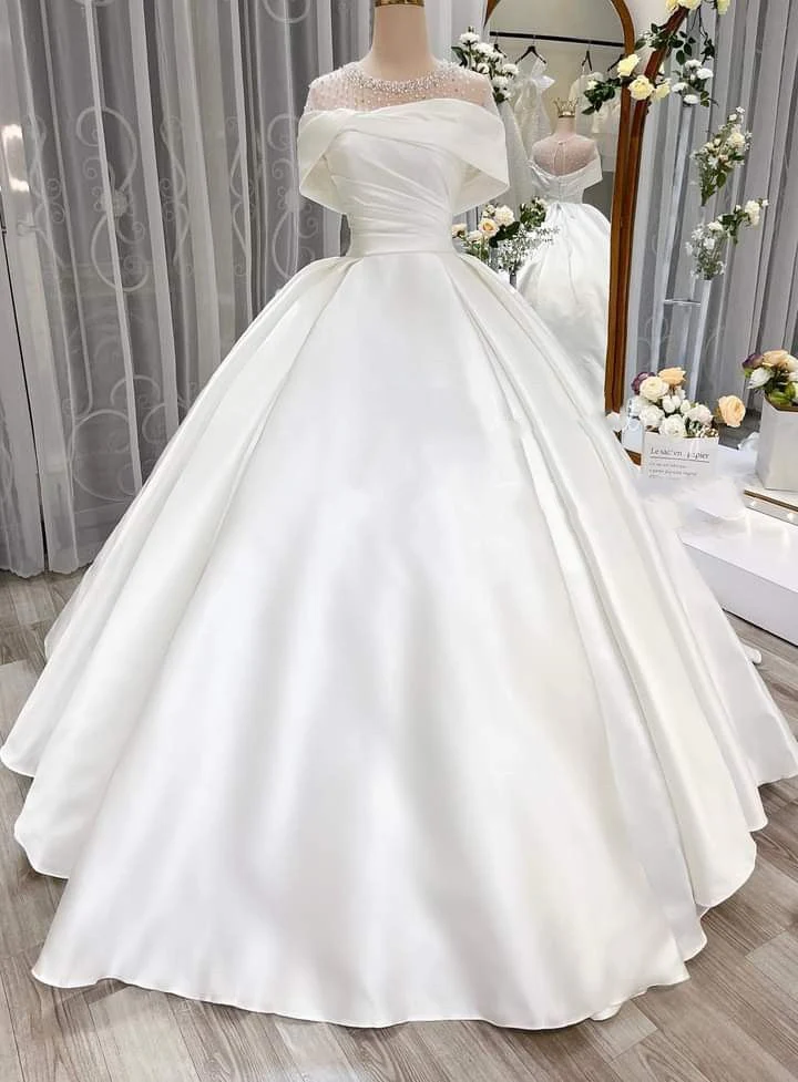 Timeless Bridal Gown Ball Gown Off The Shoulder White Satin Long Pleated Silver Beads Wedding Dresses Elegant Bridal Gowns DH957 - Deanwangkt