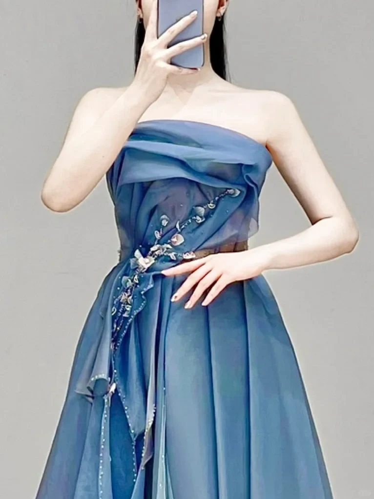 Elegant Glamour Ball Gown Strapless Blue Prom Dress Party Dress Evening Dresses DP1525 - Deanwangkt