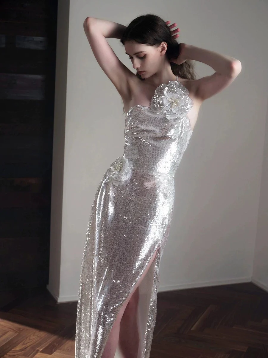 Classy Mermaid One Shoulder Silver Sequin Evening Dress Long Prom Dresses H2873 - Deanwangkt