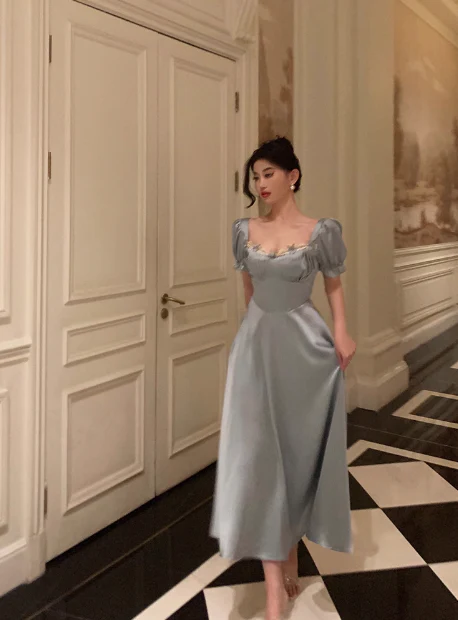 Vintage A line Square Blue Satin Prom Dresses Ruffles Evening Gowns Evening Dress DP1882 - Deanwangkt