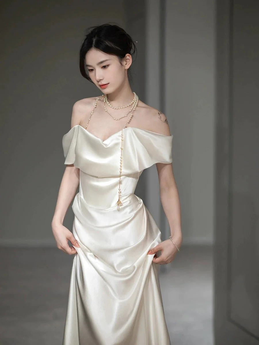 Elegant Mermaid Off The Shoulder Satin Short Sleeves Wedding Dresses Brides Dress H2868 - Deanwangkt