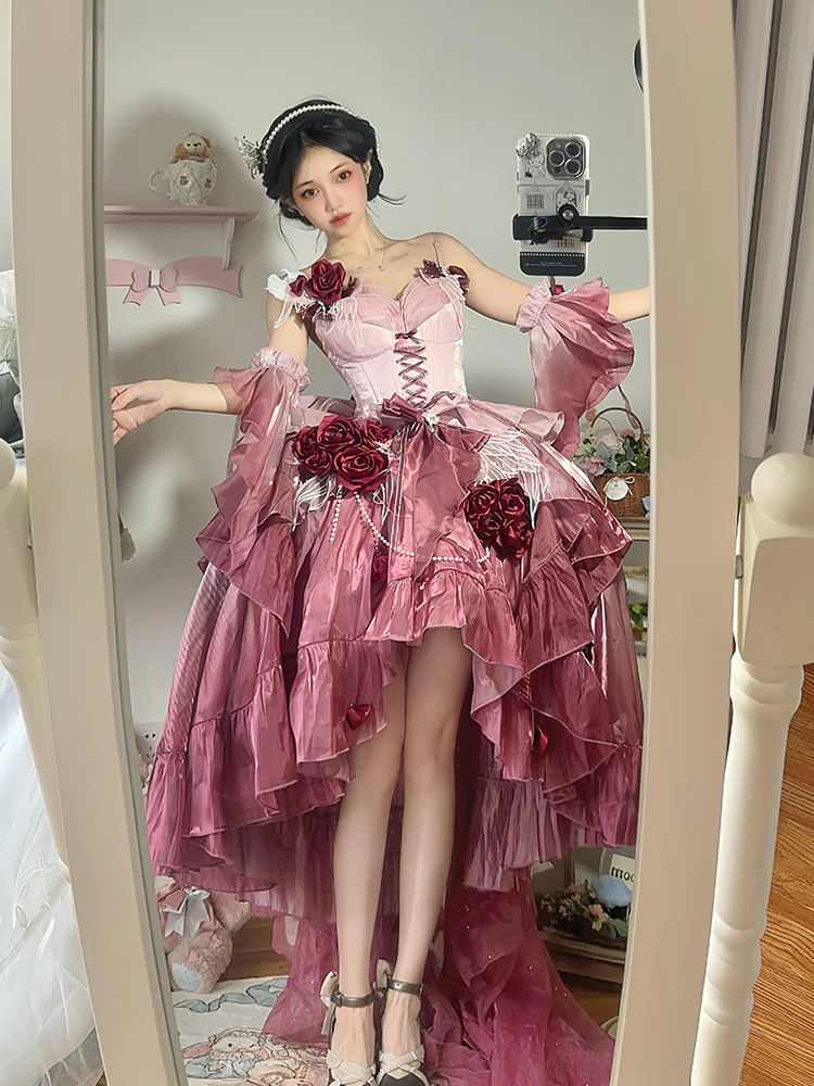 Vintage Ball Gown Spaghetti Straps Chiffon Summer 18th Birthday Dress High Low Ombre Pink Lolita Dress 18th Birthday Outfits DH2416 - Deanwangkt