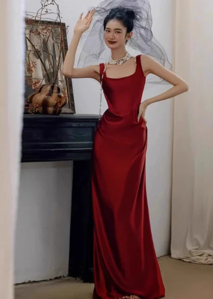 Modest Sheath Square Neck Long Evening Gown Burgundy Formal Dress Elegant Satin Prom Dress DP2800 - Deanwangkt