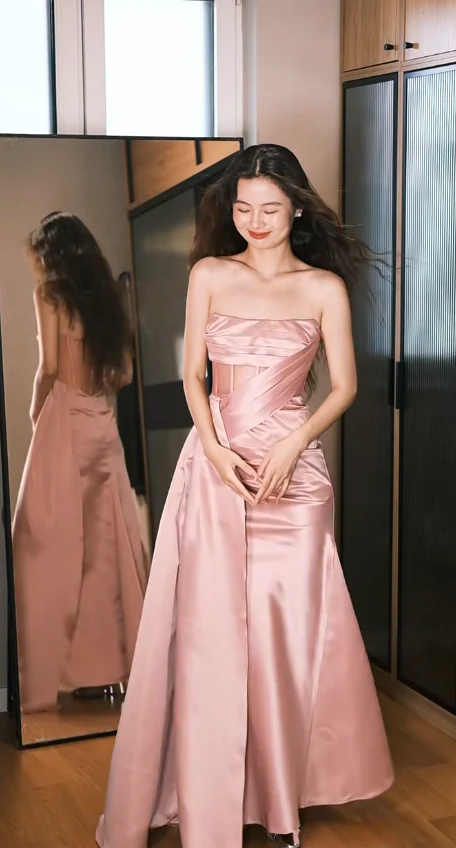Elegant Strapless Sheath Satin Long Prom Dresses, Pink Formal Evening Dresses DP3095 - Deanwangkt