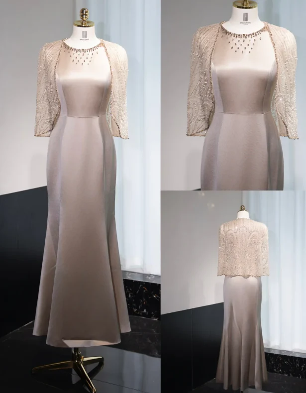 Elegant Jewel Mermaid Mother of the Bride Dresses with Cape, Light Brown Satin Evening Dresses DP3239 - Deanwangkt