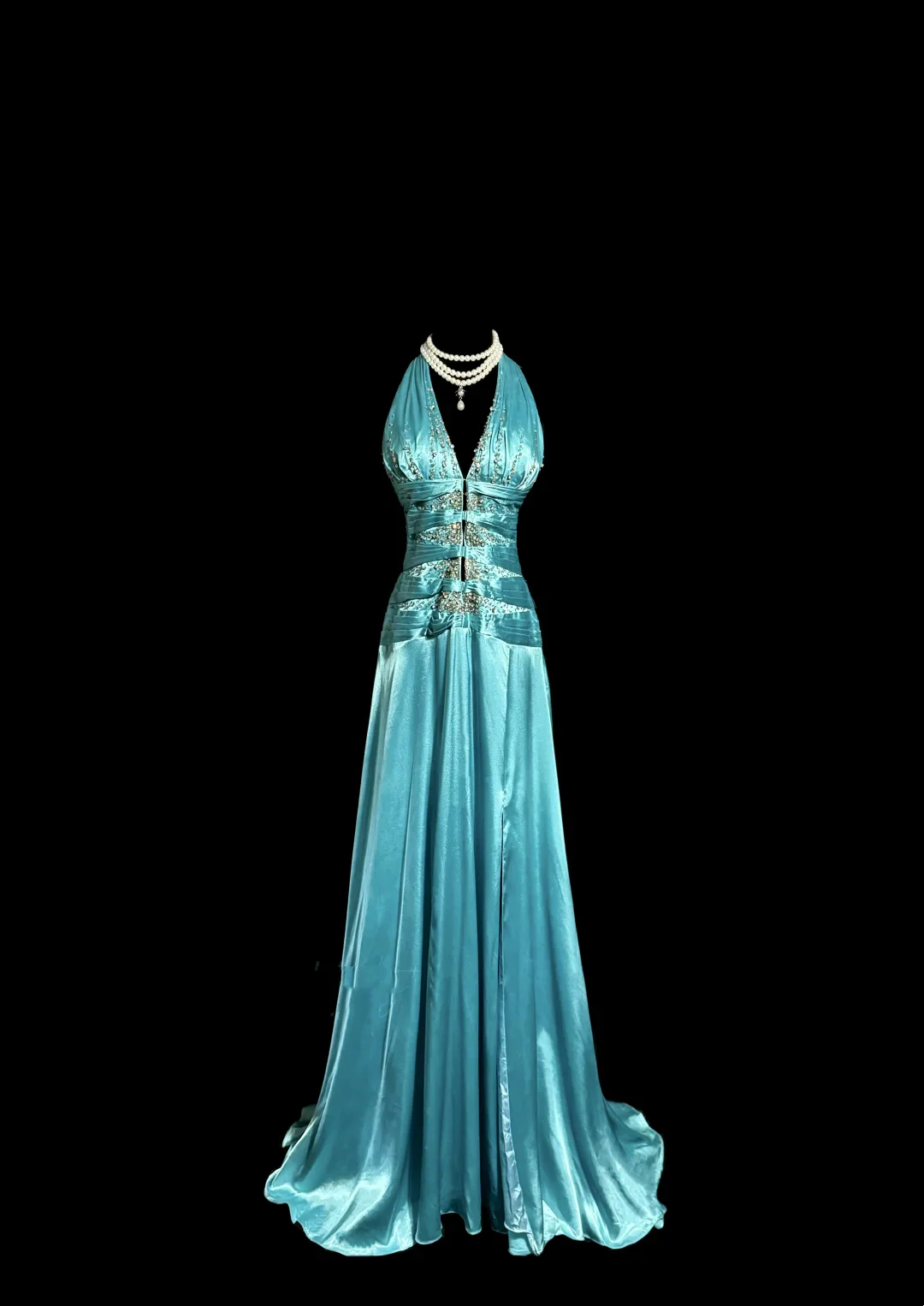 Vintage A line Halter Blue 1950s Retro Classy Satin Long Prom Dresses Party Dress 21st Birthday Outfits Graduation Dresses W870 - Deanwangkt