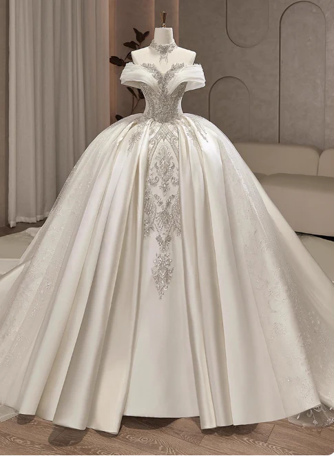 Modest Ball Gown Off-the-shoulder Bridal Dress White Tulle Long Wedding Dress Elegant Beading Applique Bridal Gowns DP2817 - Deanwangkt