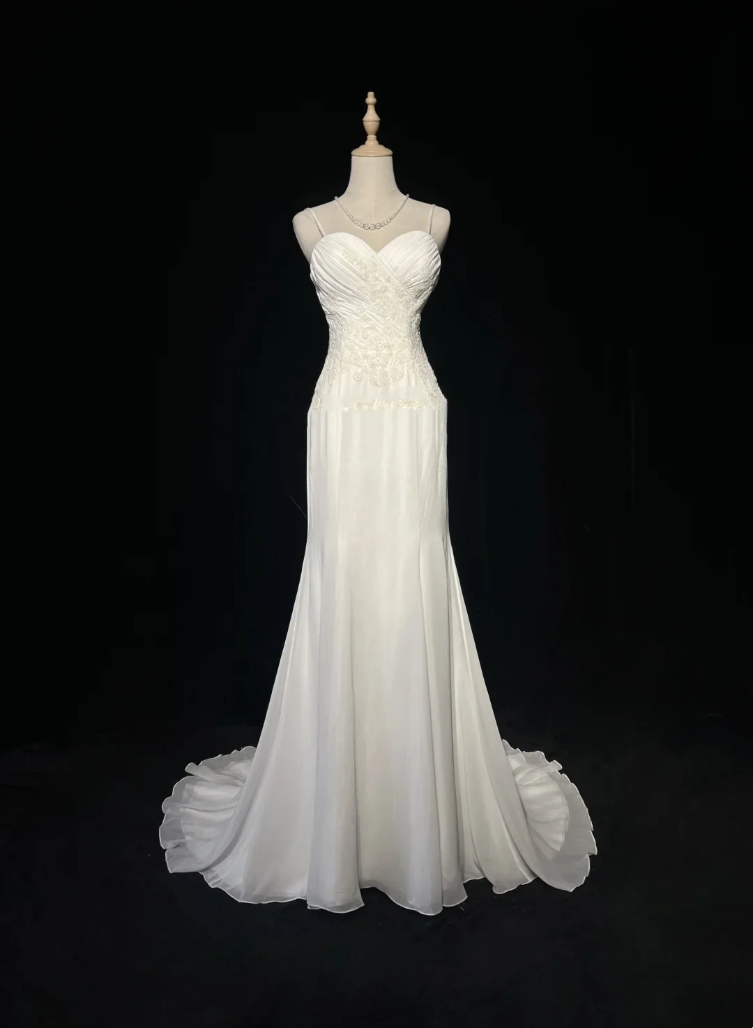 Vintage Mermaid Spaghetti Straps White Chiffon Appliques Long 1940s 1950s Wedding Dresses Elegant Bridal Gowns DH676 - Deanwangkt