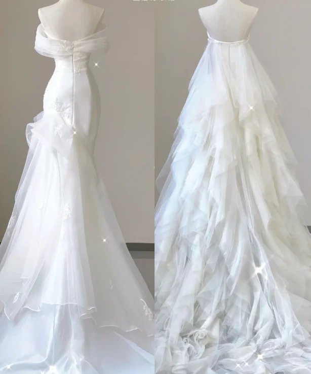 Unique Mermaid Off The Shoulder White Tulle Sweep Train Wedding Dresses Brides Dress P0029 - Deanwangkt