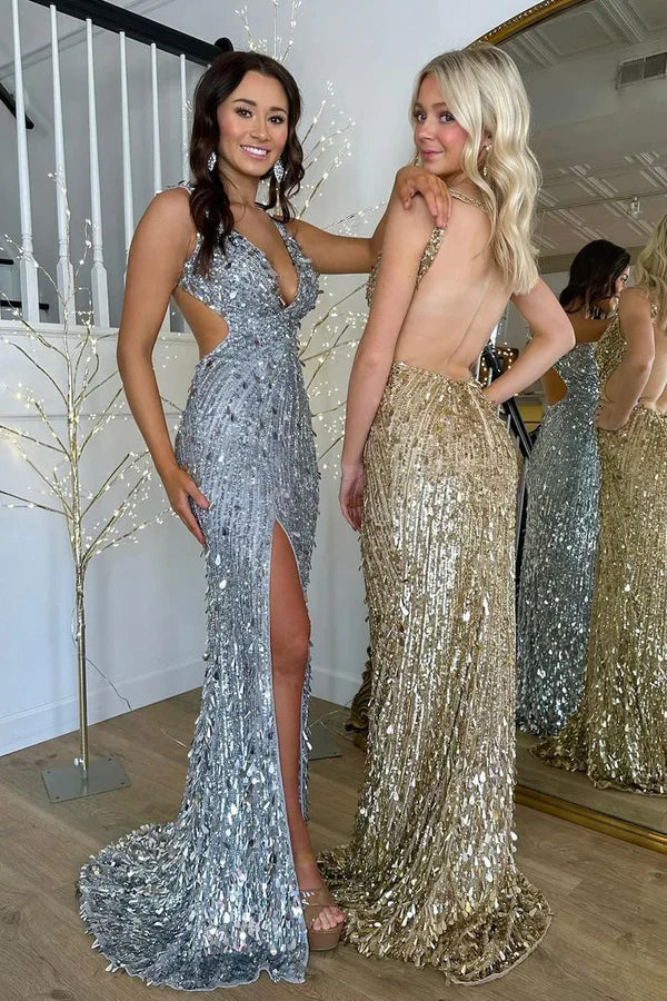 Elegant Gold Sequins Mermaid Long Prom Dresses with Slit Sexy Prom Dress DP249 - Deanwangkt
