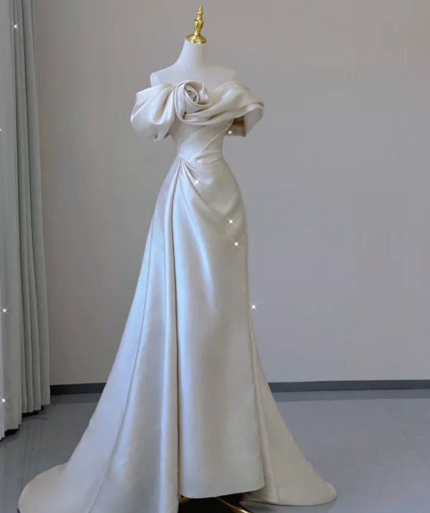 Elegant Mermaid Off The Shoulder Satin Short Sleeves Wedding Dresses Brides Dress P0010 - Deanwangkt