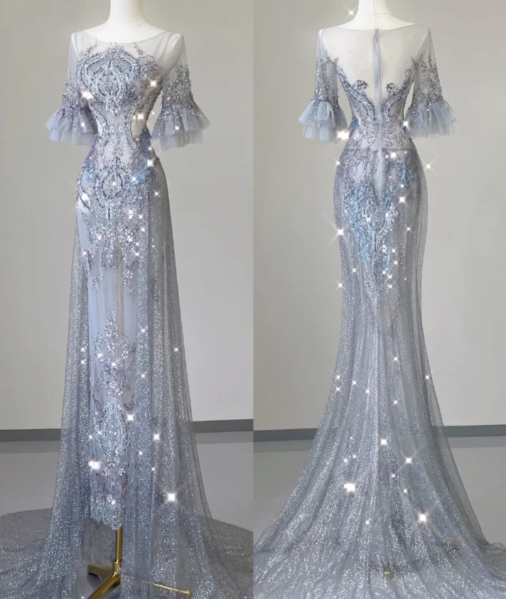 Pretty Mermaid Scoop Lace Short Sleeves Long Silver Prom Dresses Evening Dresses DP449 - Deanwangkt