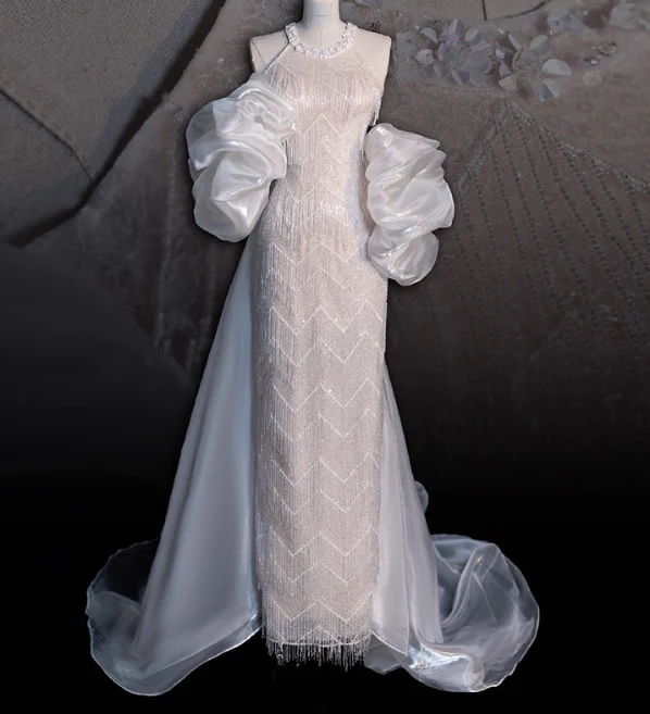 Modest White Bridal Dress Ball Gown Round Neck Tulle Beads Long Wedding Dress Elegant Tassel Sequins Bridal Gowns DP2812 - Deanwangkt