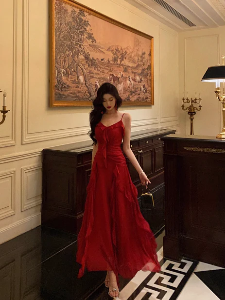 Classy A line Spaghetti Straps Red Sleeveless 18th Birthday Dress Party Gown 21st Birthday Outfits Birthday Dress Ideas For Women DP564 - Deanwangkt