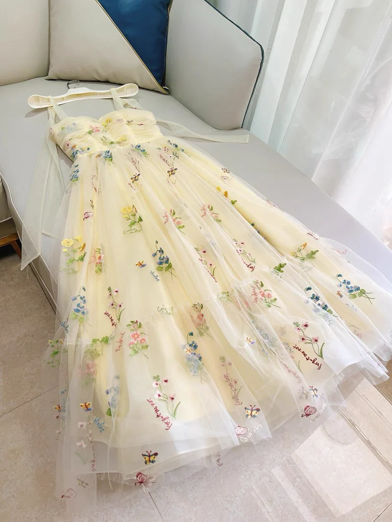 Cute Straps A-Line Tulle Floral Long Prom Dresses, Pale Yellow Formal Evening Dresses DP3164 - Deanwangkt