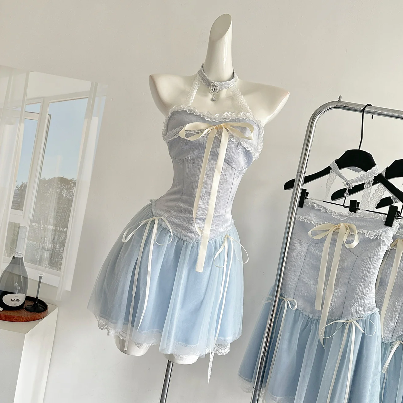 Sexy A line Halter Blue Min Summer Dress Holiday Party Homecoming Dress Birthday Outfits For Teens DP1401 - Deanwangkt