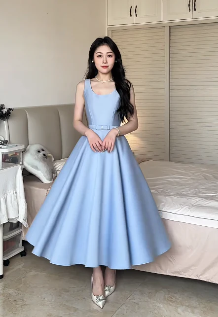 Elegant Spaghetti Strap A-Line Blue Wedding Guest Dresses Sleeveless Satin Mother of the Bride Dress DP3948 - Deanwangkt