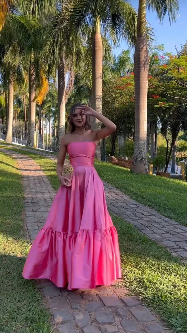 Classy Ball Gown Strapless Pink Floor Length Satin Slit Prom Dresses Evening Gowns Graduation Formal Dresses DP509 - Deanwangkt