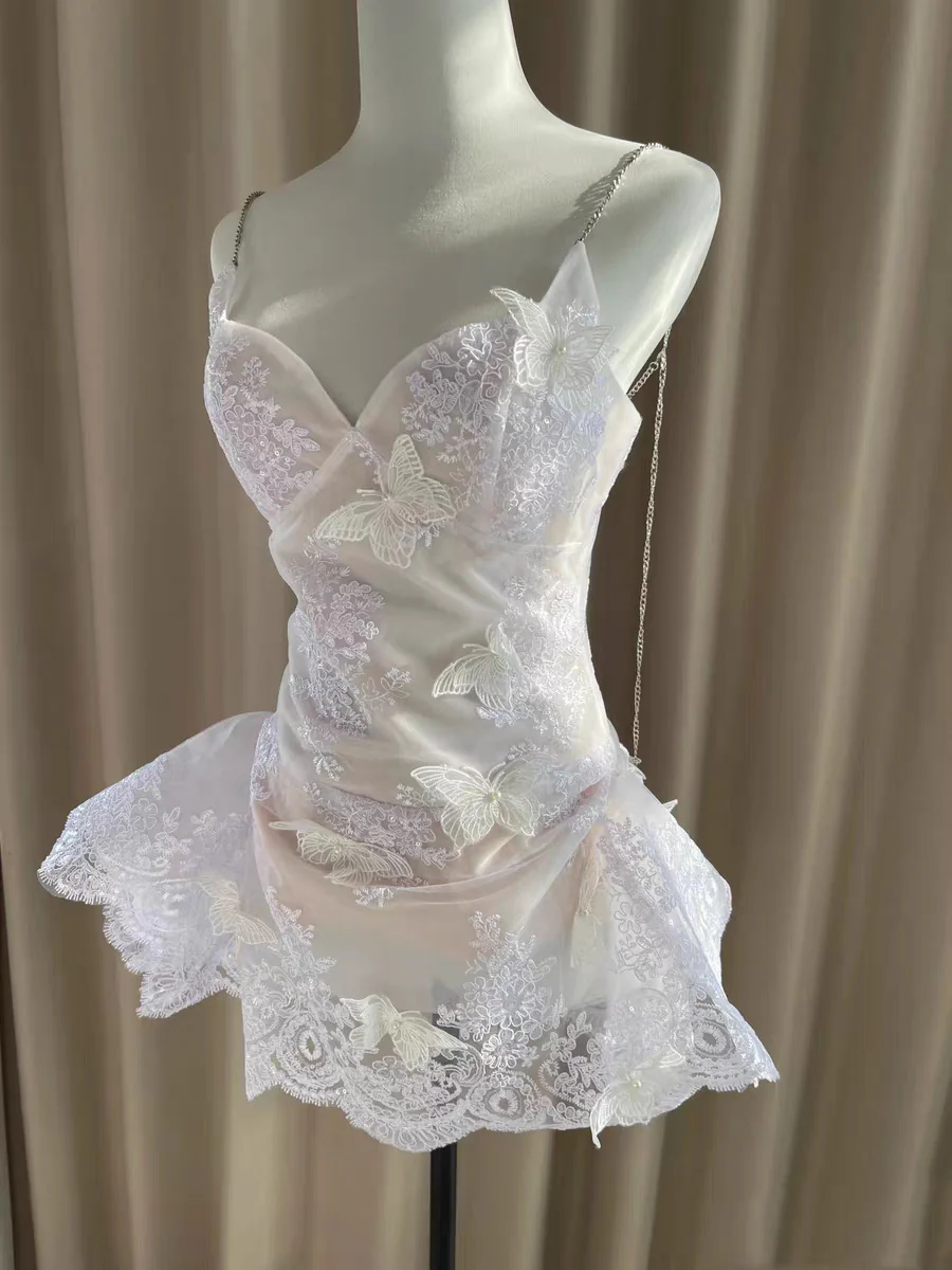 Pretty A line Spaghetti Straps White Lace Formal Homecoming Dresses Short 16th Birthday Outfits Graduation Dress Mini Cocktail Dresses DH2464 - Deanwangkt