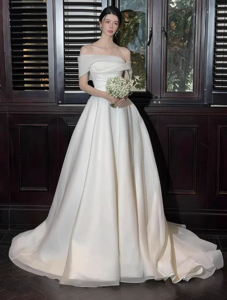 Elegant Off Shoulder A-Line Tulle Long Wedding Dress Simple Bridal Gowns DH2685 - Deanwangkt