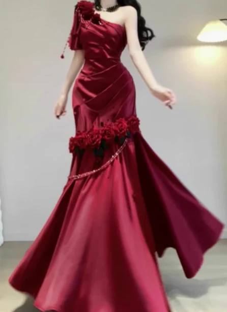 Modest Mermaid One-shoulder Long Evening Gown Burgundy Formal Dress Applique Satin Slit Prom Dress DP2798 - Deanwangkt