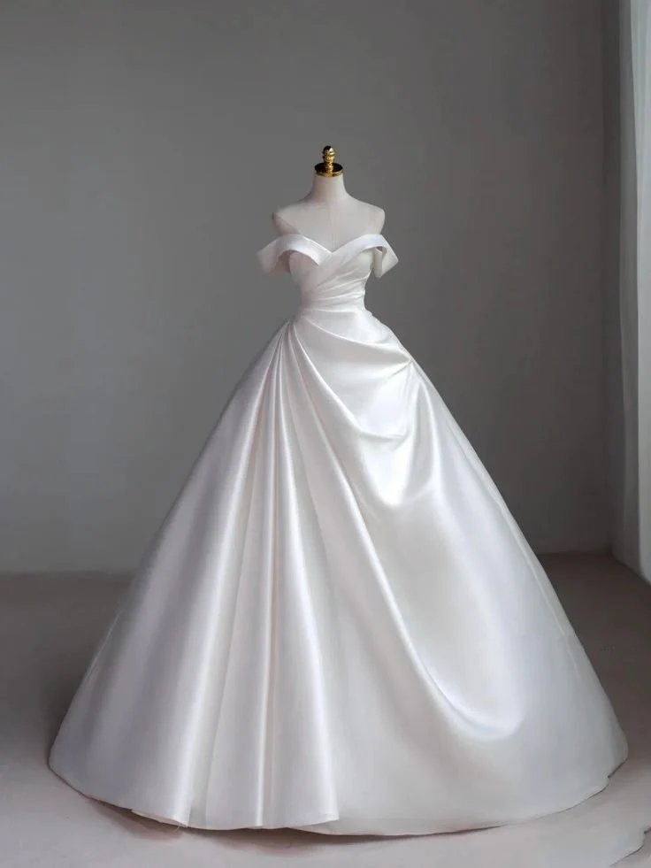 Classic Bridal Gown Ball Gown Off The Shoulder Short Sleeves Satin White Wedding Dresses Minimalist Bridal Gowns DH743 - Deanwangkt