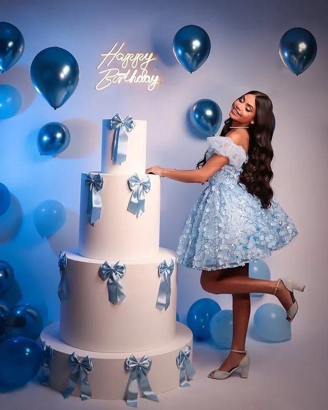 Modest Ball Gown Off The Shoulder Light Sky Blue Lace Formal Homecoming Dresses 8th Grad Dance Graduation Dress Short Hoco Dresses DH2598 - Deanwangkt