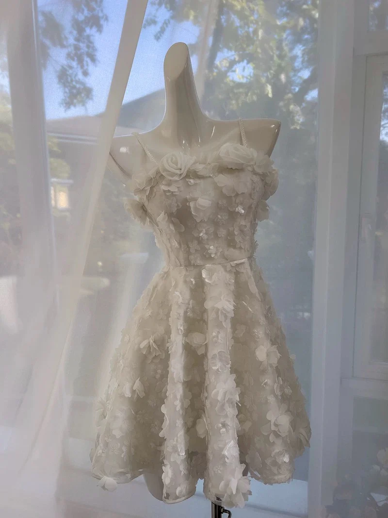 Cute A line Spaghetti Straps White Flowers Formal Short 8th Grade Homecoming Dress Summer Middle School Hoco Dresses Birthday Outfits W983 - Deanwangkt