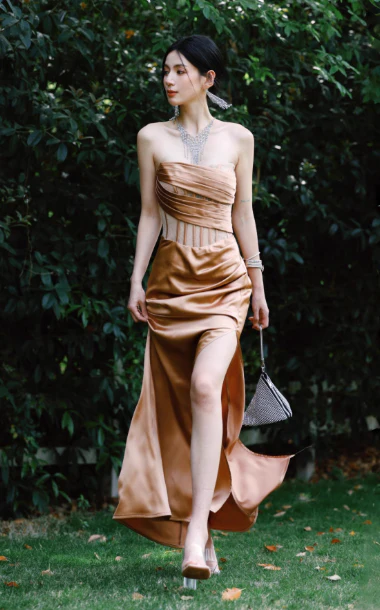 Elegant Strapless Sheath Satin Long Prom Dress Brown Formal Evening Dress DP2957 - Deanwangkt