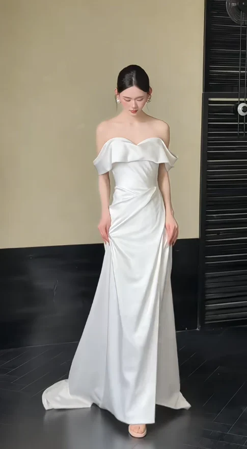 Simple Off-Shoulder Sheath Long Wedding Dresses; White Bridal Gowns; Satin Bridal Dresses DP03975 - Deanwangkt