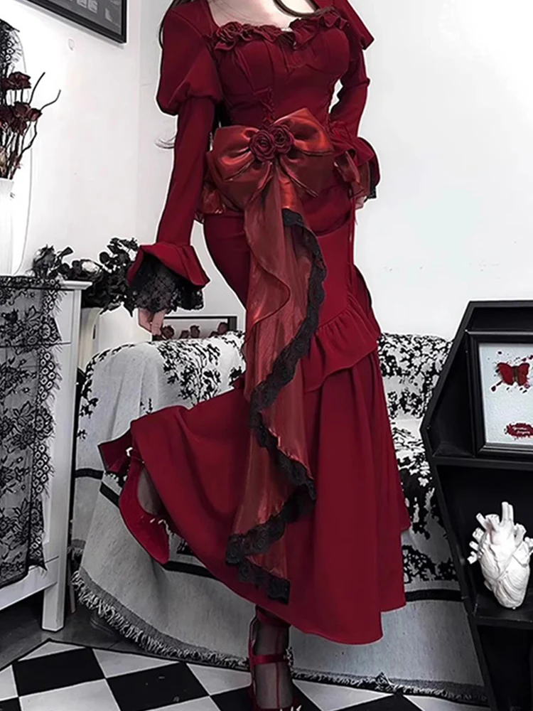 Vintage Mermaid Sweetheart Long Sleeves Burgundy Black Lace Summer 18th Birthday Dress Lolita Dress Birthday Outfits W1133 - Deanwangkt