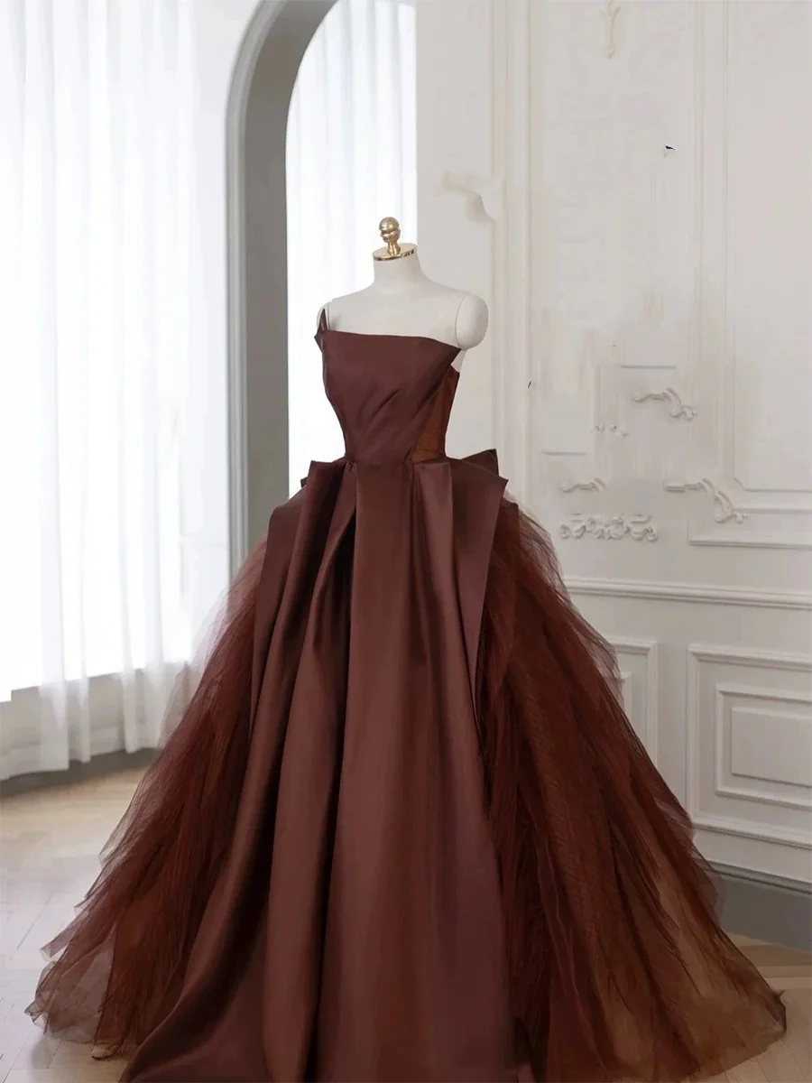 Classy Elegant Ball Gown Strapless Brown Tulle Sleeveless Long Prom Dresses H2904 - Deanwangkt