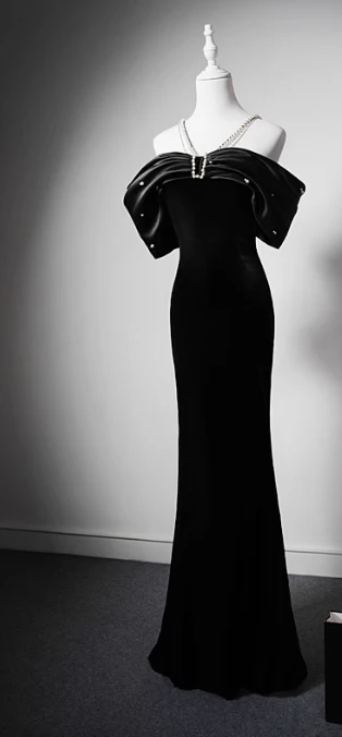 Elegant Black Mermaid Evening Gowns Off-the-shoulder Satin Long Prom Dress Modest Sleeveless Formal Dress DH2745 - Deanwangkt