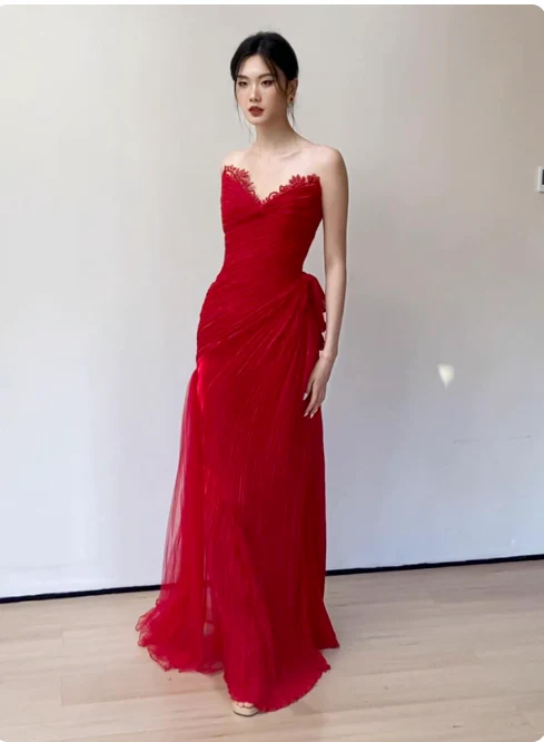 Elegant Sweetheart Neck Sheath Long Prom Dresses Lace Red Evening Dresses DP3319 - Deanwangkt