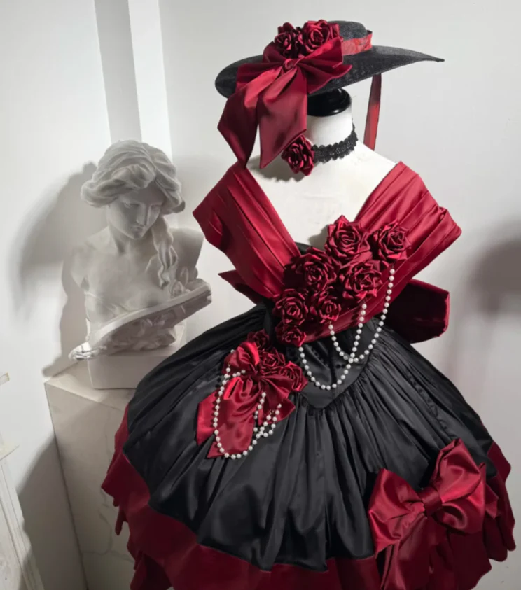 Cute V-neck Short Ball Gown Short Sleeves Satin Black/Red Birthday Dresses Sweet Black/Red Lolita Dresses DP3852 - Deanwangkt