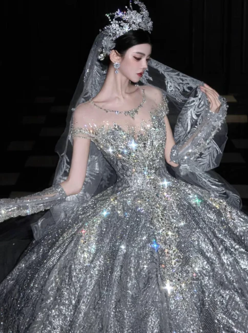 Luxury Off-the-shoulder Ball Gown Beaded Long Wedding Dresses Tulle Silver Bridal Dresses Sleeveless Bridal Gowns DP3698 - Deanwangkt