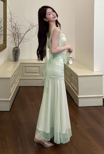 Sexy Spaghetti Strap Mermaid Chiffon Evening Dresses Light Green Birthday Dresses DP03033 - Deanwangkt
