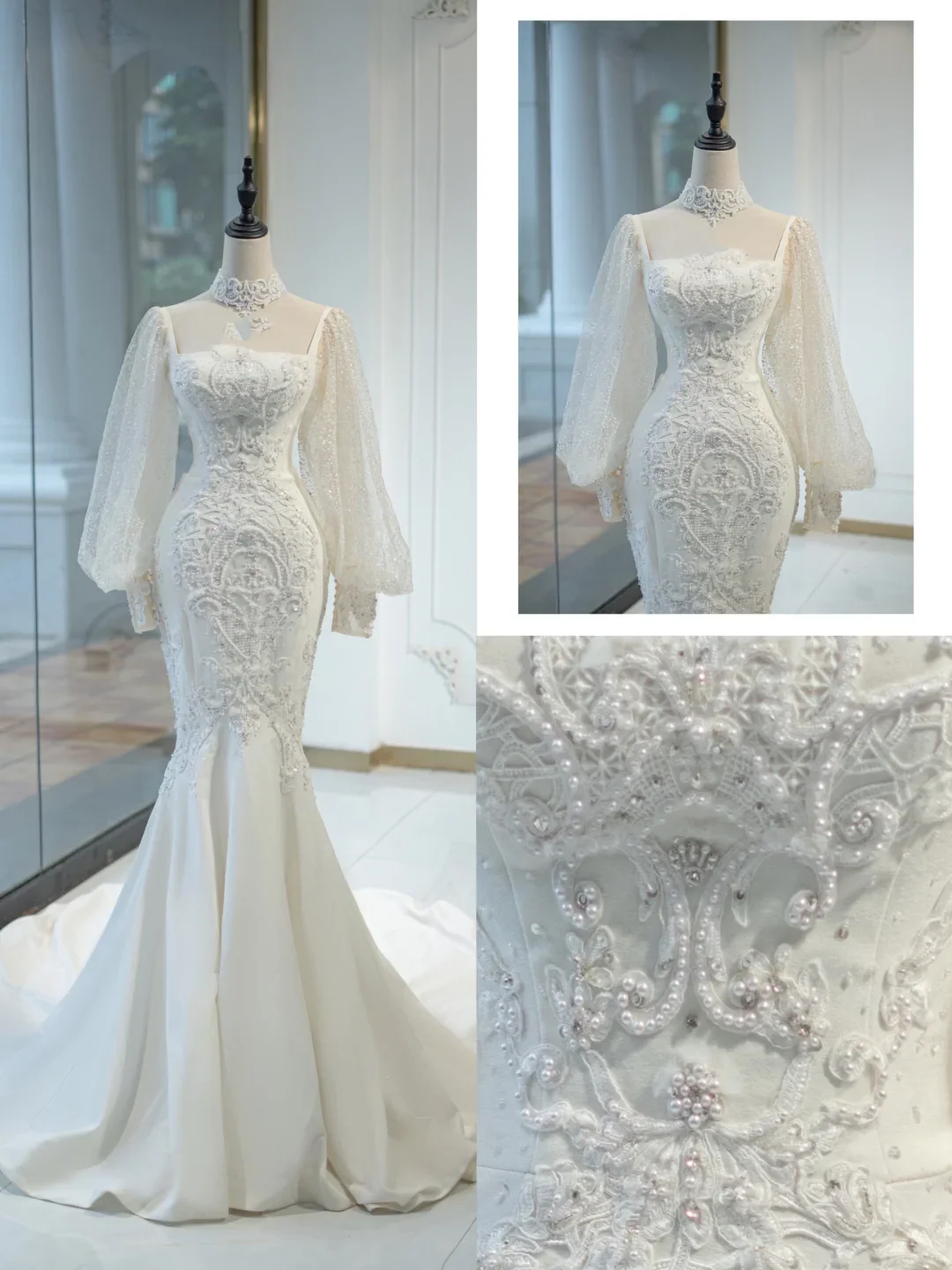 Timeless Bridal Gown Mermaid Square Neck Tulle Long Sleeves Wedding Dresses Elegant Bridal Gowns DH881 - Deanwangkt