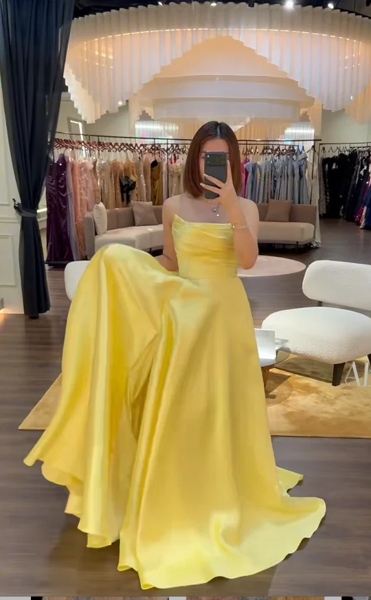 Elegant A-line Yellow Long Prom Dresses Strapless Satin Yellow Evening Dresses DP04015 - Deanwangkt