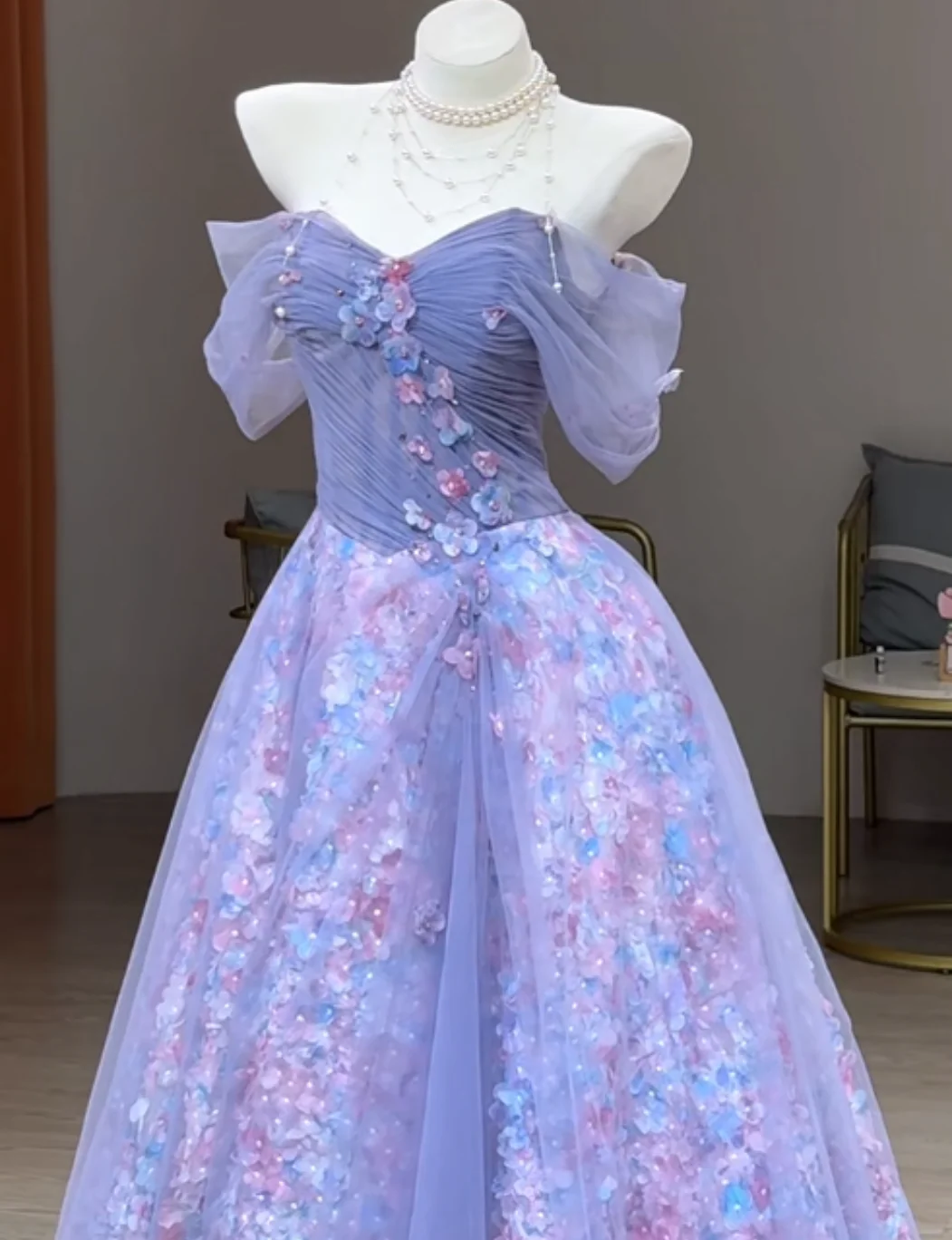 Fairy Purple Ball Gown Off-the-shoulder Tulle Long Prom Dress Applique Sweet 16 Dress DP2949 - Deanwangkt