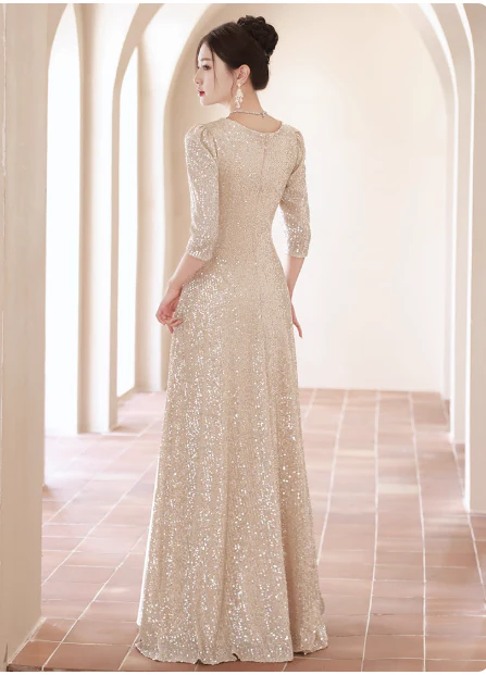 Elegant V-neck Mermaid Champagne Mother of the Bride Dresses Long Sleeve Champagne Evening Dresses DP3888 - Deanwangkt