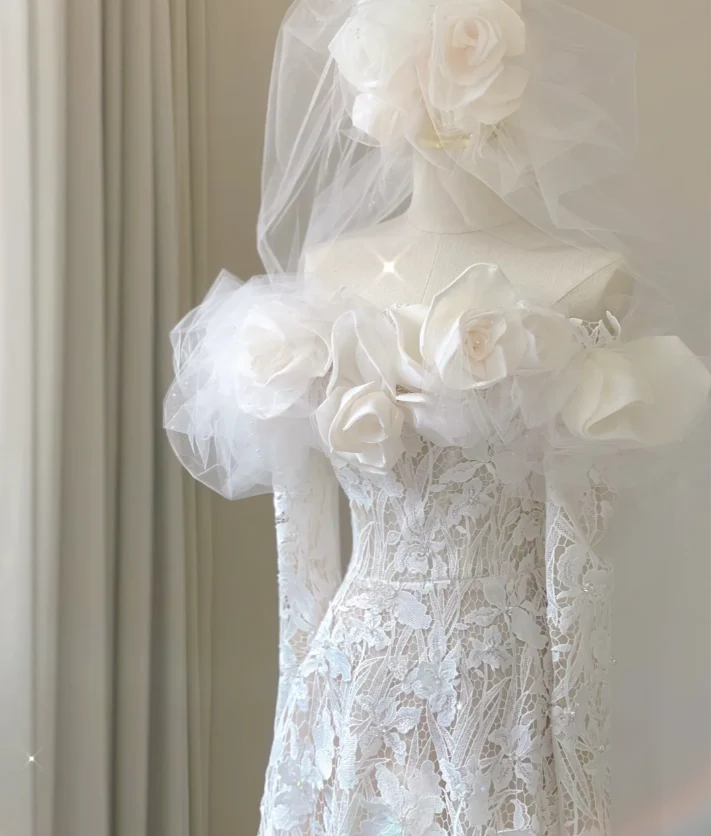 Classy Elegant Mermaid Off The Shoulder White Long Sleeves Flowers Wedding Dresses Brides Dress DP458 - Deanwangkt