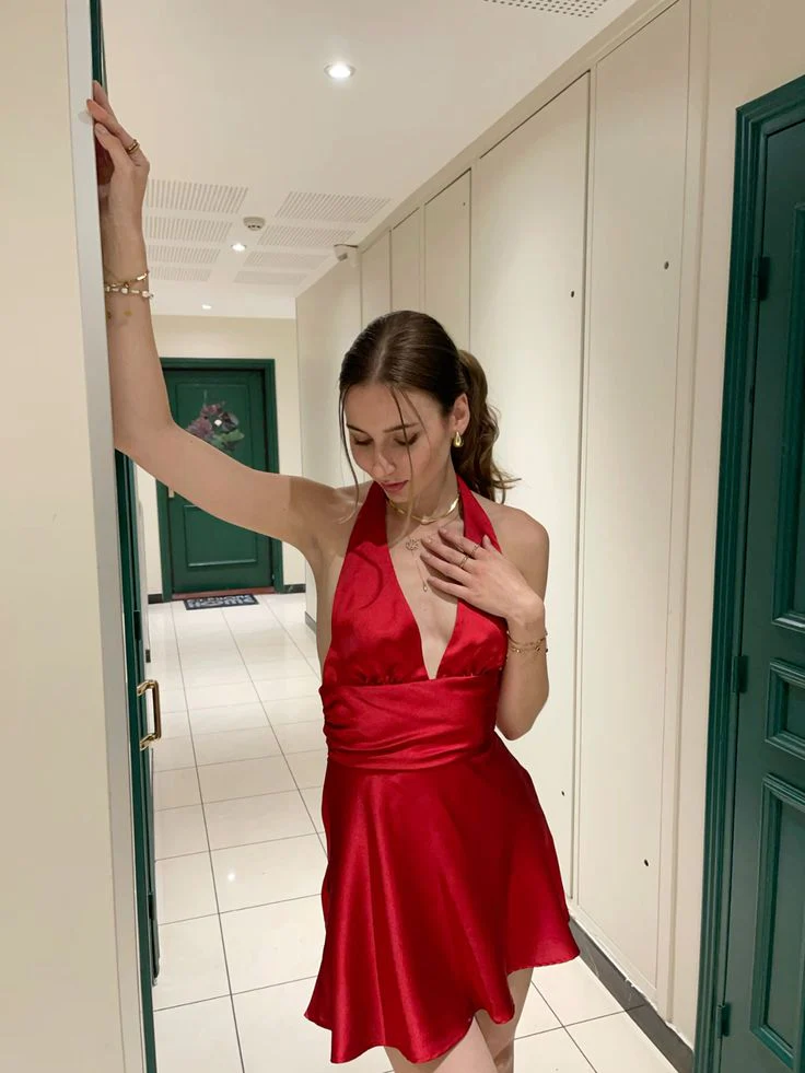 Cute A line V Neck Red Short Backless Homecoming Dress Summer Middle School Formal Hoco Dresses Cocktail Dress Birthday Outfits W0627 - Deanwangkt